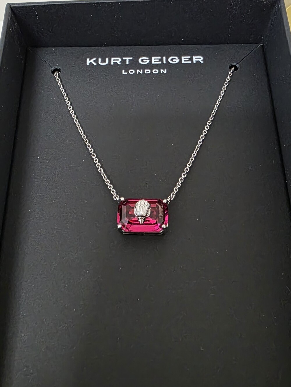 Kurt Geiger Silver Chain Necklace with Fuchsia Rectangular Crystal